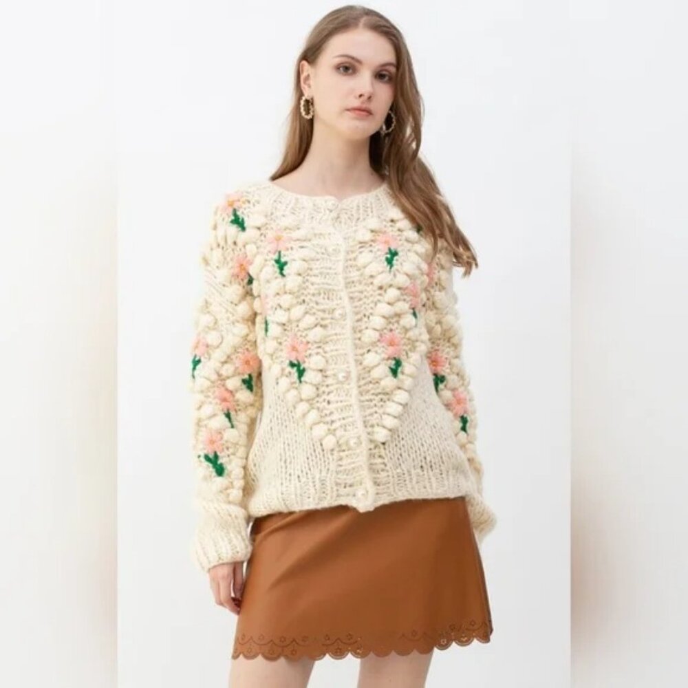 NWT Vita Grace Pink White Floral Appliqué Lilley Cardigan Sweater